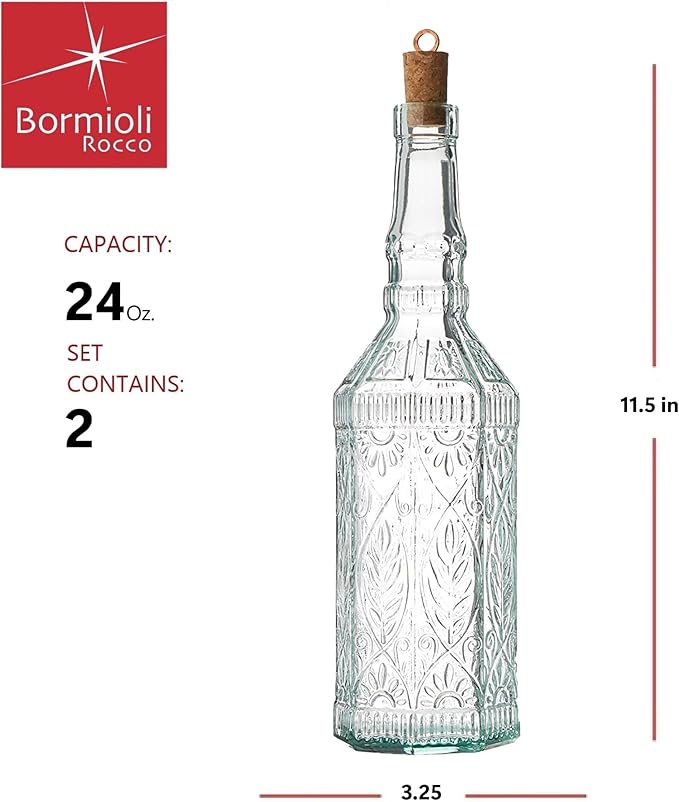 Bormioli Rocco Country Home Fiesole Bottles - Set of 2, 24 oz Decorative Glass Containers with Stopper for Water, Oil & Vinegar Storage - Italian Glassware for Kitchen & Dining