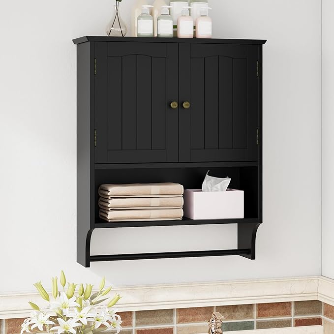 Black Bathroom Cabinet with Towel Rack, Bathroom Wall Cabinet with 2 Doors and Adjustable Shelf, Medicine Cabinet Wall Mount, Over The Toilet Storage