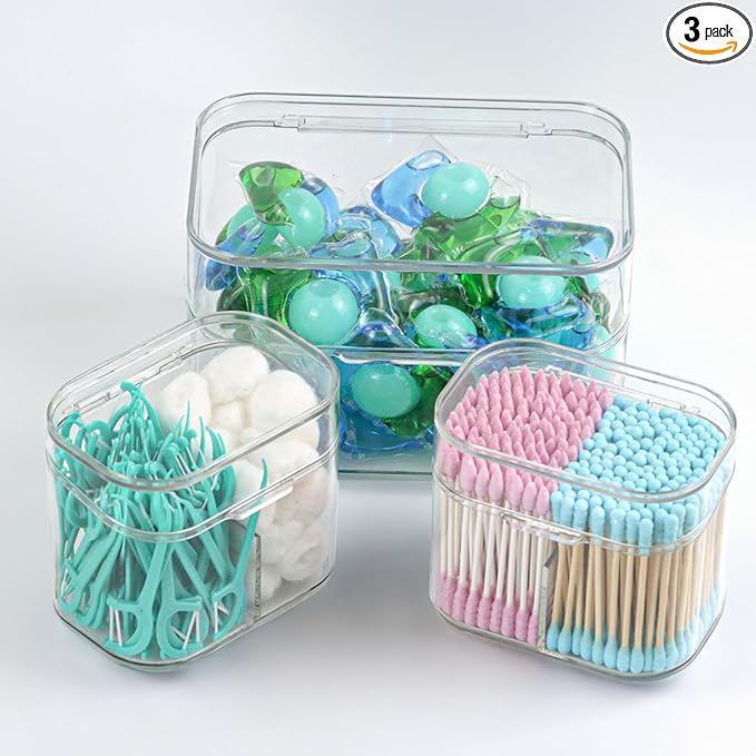 Clear Bathroom Organizer, 2-Size Essentials Set for Hail Accessories & Beauty Supplies,Cotton Swabs,Balls,Pads - Small Clear Plastic Canister Apothecary Jar Set, Vanity Makeup Storage Organizer (L+2S)