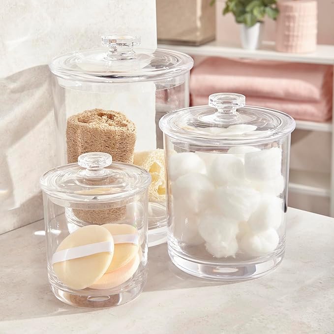 STORi 3-Pack Premium Quality Clear Plastic Qtip and Cotton Ball Holders, 15-oz, 30-oz, and 60-oz Apothecary Jars with Lids, Perfect Containers for Bathroom and Vanity, Set of 3