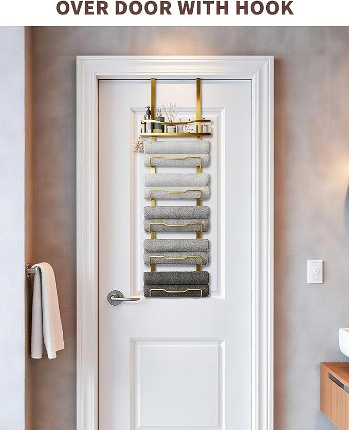 Hanging Towel Racks for Bathroom No Drill - 6-Tier Over The Door Bath Towel Storage Organizer for Small Bathrooms - Tiered Back of Door Towel Holder Hanger for Rolled Towels RV Camper Gold