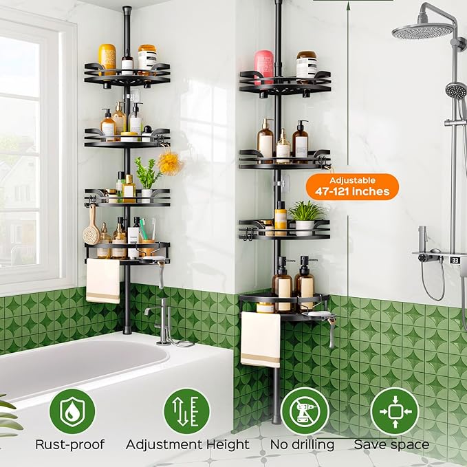 HAMITOR Shower Caddy Tension Pole: Rustproof Bathroom Corner Shelf for Renters, 47-121inches Adjustable Organizer with Soap Holder-Large Capacity Rack for Shampoo Storage Home Accessory - Black