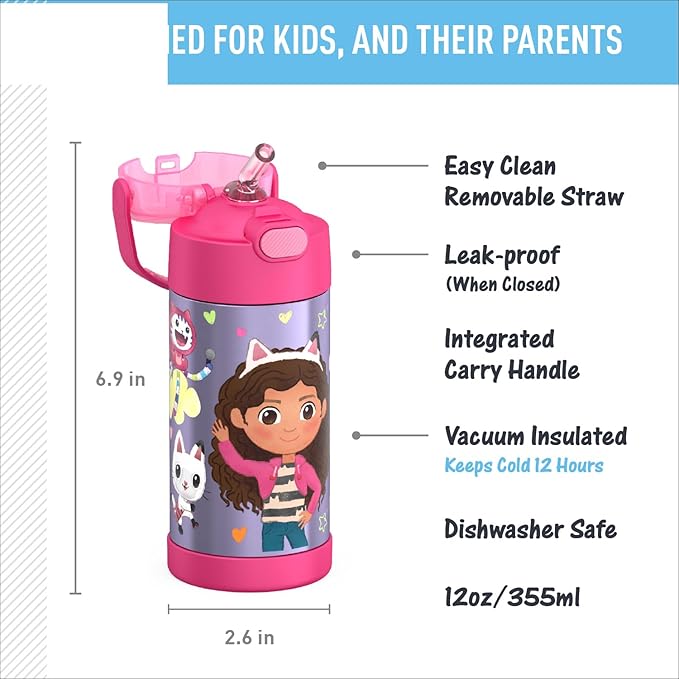 THERMOS FUNTAINER Water Bottle with Straw - 12 Ounce - Kids Stainless Steel Vacuum Insulated Water Bottle with Lid, Gabby’s Dollhouse