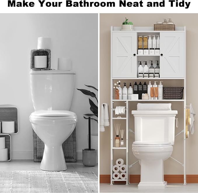 EasyCom Over The Toilet Storage Cabinet with Metal Frame and 7 Storage Shelves, Bathroom Organizer with Adjustable Shelves and Paper Holder, Farmhouse Storage Cabinet for Bathroom, Laundry, White