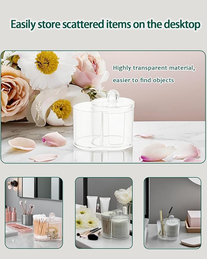 Akosale Makeup Pad Holder with Lid and Cotton Swab Storage, Clear Plastic 2-in-1 Dual Compartment Bathroom Vanity Organizer, Durable PS Canister for Cotton Rounds, Dental Flossers and Hair Ties