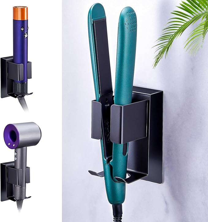 Hair Straightener Holder Wall Mounted Blow Dryer Holder, Blow Dryer and Curling Iron Holder, Hair Dryer and Straightener Holder, Bathroom Hair Tools Organizer and Storage (Black, 1Pc)