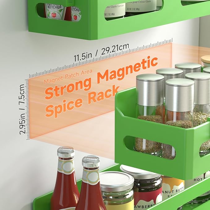 4 Pack Strong Magnetic Spice Rack for Refrigerator, Multipurpose Magnetic Shelf for Fridge with 4 Hooks for kitchen and Bathroom Organization, Green