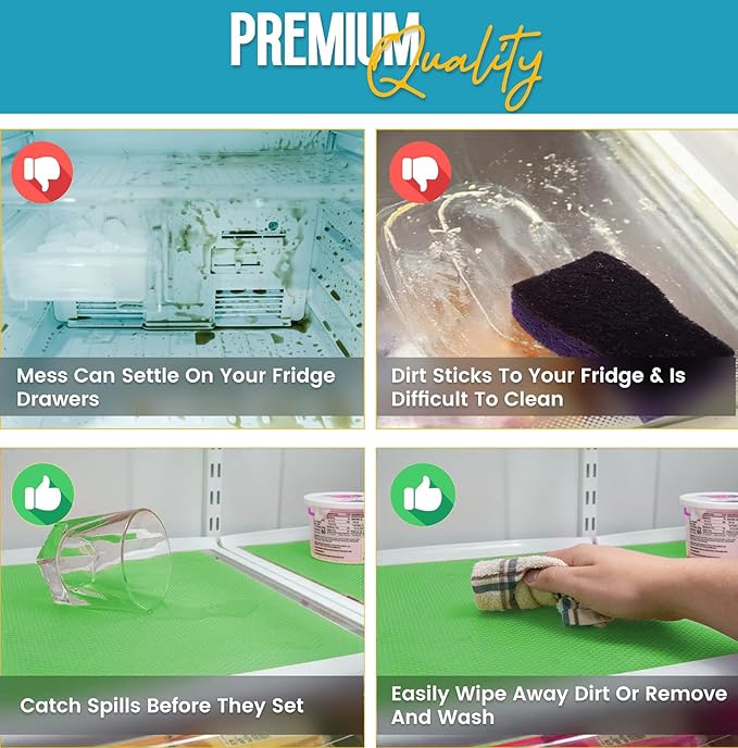 Refrigerator Liners for Shelves by Linda’s Essentials - Easy to Clean Fridge Liner with Spill Protection Fridge Shelf Liners & Drawer Liner, Nonslip BPA-Free Refrigerator Mats (Green Roll)