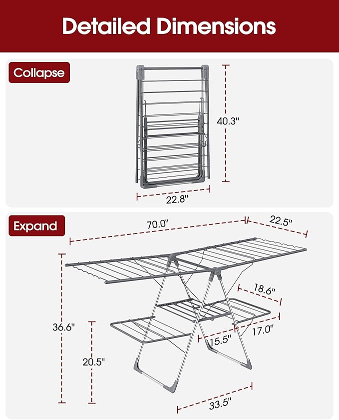 Clothes Drying Rack, Foldable 2-Level Laundry Drying Rack with Height-Adjustable Wings, for Clothing & Bedding, Free-Standing Space-Saving Rack, Indoor & Outdoor, 70" L × 22.8" W, Gray