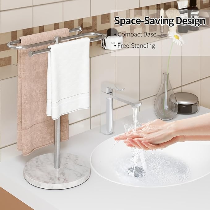 Countertop Towel Stand Free Standing with Marble Base, S-Shape Hand Towel Stand for Bathroom Stainless Steel Rust-proof, Hand Towel Holder Standing for Kitchen Vanity Countertop (Brushed Nickel)