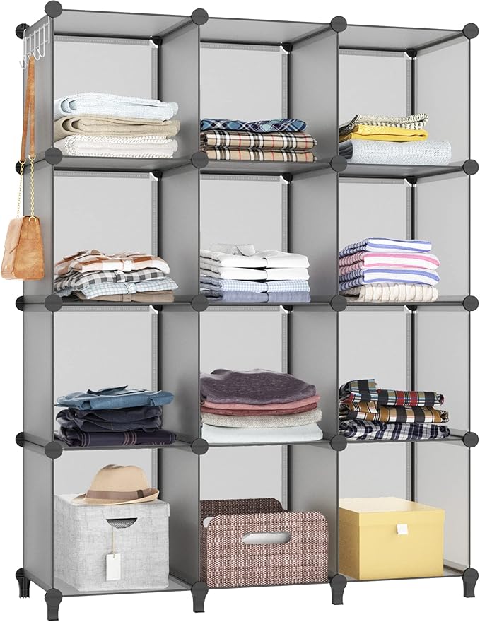 HOMIDEC Closet Organizer, 12-Cube Closet Organizers and Storage, Portable Closet Shelves, Clothing Storage (Grey)