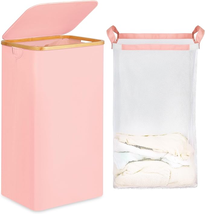 efluky 26 Gal Laundry Basket with Lid and Net Bag, Tall Laundry Hamper with Bamboo Handles, Aesthetic Dirty Clothes Bin for Laundry Room, Bathroom, Bedroom and Dorm, Pastel‌