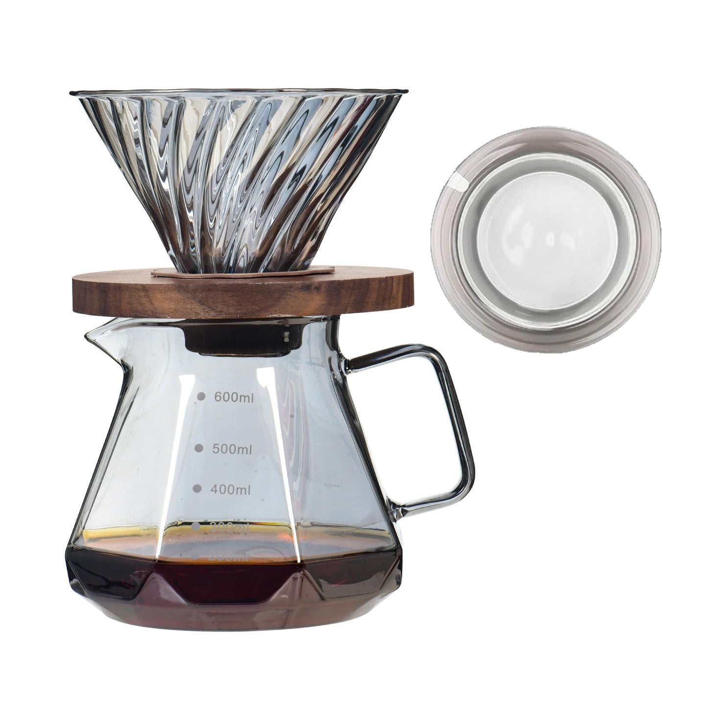 COFISUKI Upgrade Glass Coffee Dripper/Filter - Glass Pour Over Coffee Cone with Walnut Stand with Holder, Drip Coffee Maker Funnel Accessories for Home or Office, 1-5 Cups