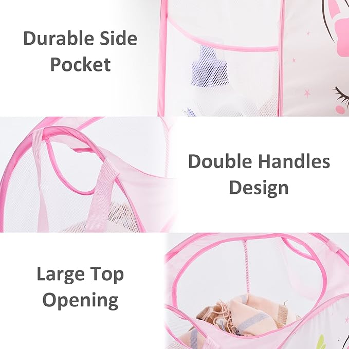 TECHMILLY Collapsible Mesh Pop Up Laundry Hamper with Sturdy Handles and Side Pocket - Portable Foldable Clothes Baskets for Dorm, Bathroom & Travel Storage (Unicorn)