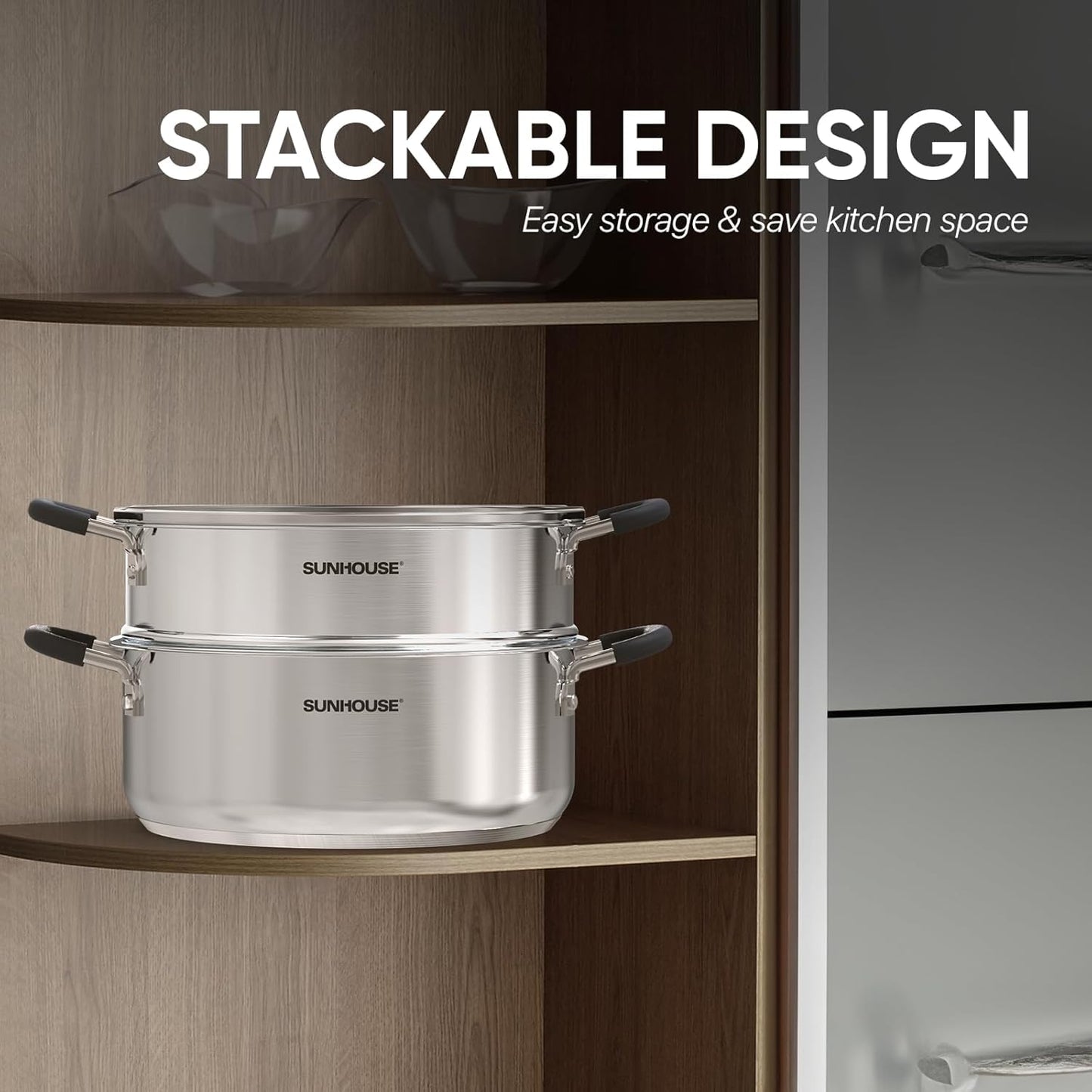 Sunhouse: 2-Tier Stainless Steel Steamer Pots - 5.5 Quart - Tempered Glass Lid, 3-Ply Bottom, Vegetable-Dumpling-Food Cookware, Dishwasher & Oven Safe