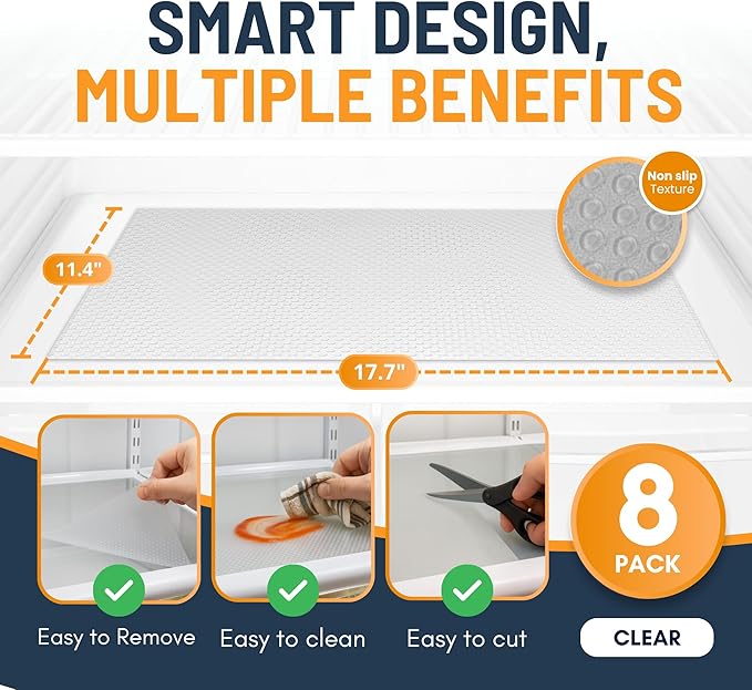 Refrigerator Liners for Shelves (8 Pack) by Linda’s Essentials - Non-Adhesive Drawer and Shelf Liner, BPA-Free Fridge Mats for Kitchen & Cabinets, Easy to Clean, Ideal Household Essentials (Clear)