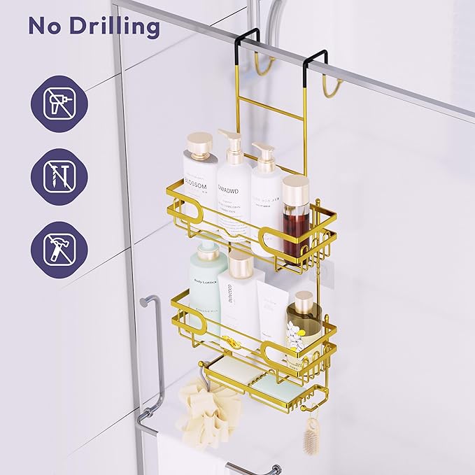 SWTYMIKI Over the Door Shower Caddy Hanging with Double Soap Holder, Hanging Shower Organizer with 16 Hooks, No Drilling Shower Shelves Over Door, Bathroom Rack and Storage, Gold