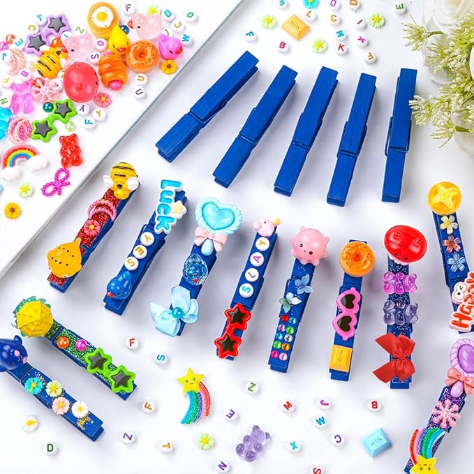 JOICEE 80 Set Cheer Pins Spirit Clips,80 Clothes Pins 126 Mini Resin Animals Bows Daisy and Stickers Pen Over 300 Beads Pearls for Cheerleading Backpacks Ribbon Team Classroom Cheer Gifts Bulk(Blue)