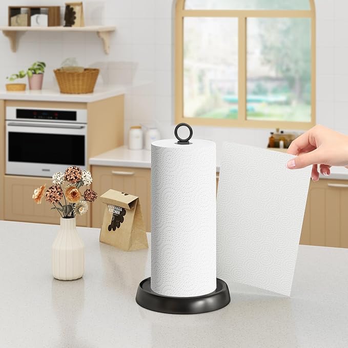 Paper Towel Holder Countertop, Stainless Steel, Weighted Base, Anti-Slip, Black Paper Towel Holder Stand for Kitchen Bathroom Farmhouse Essentials Decor Accessories