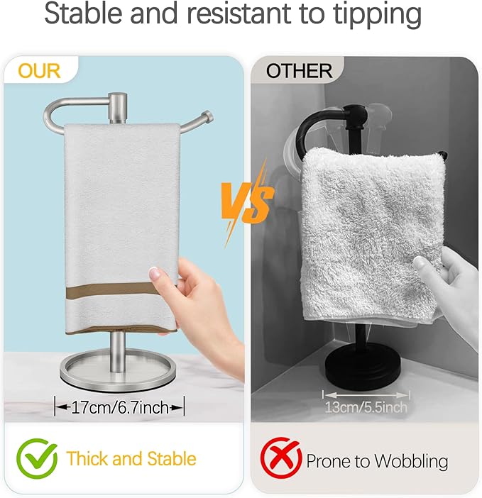 Hand Towel Holder Stand, Brushed Nickel Standing Towel Racks for Bathroom, Stainless Steel Free Standing Towel Rack, Towel Bar Kitchen Vanity Countertops Decor