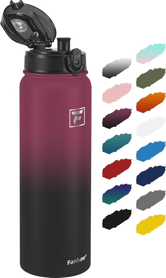 Fanhaw 32 oz Insulated Stainless Steel Water Bottle with Anti-Dust Chug Lid, Leakproof Vacuum Sports Bottle for Men & Women (Red Black)