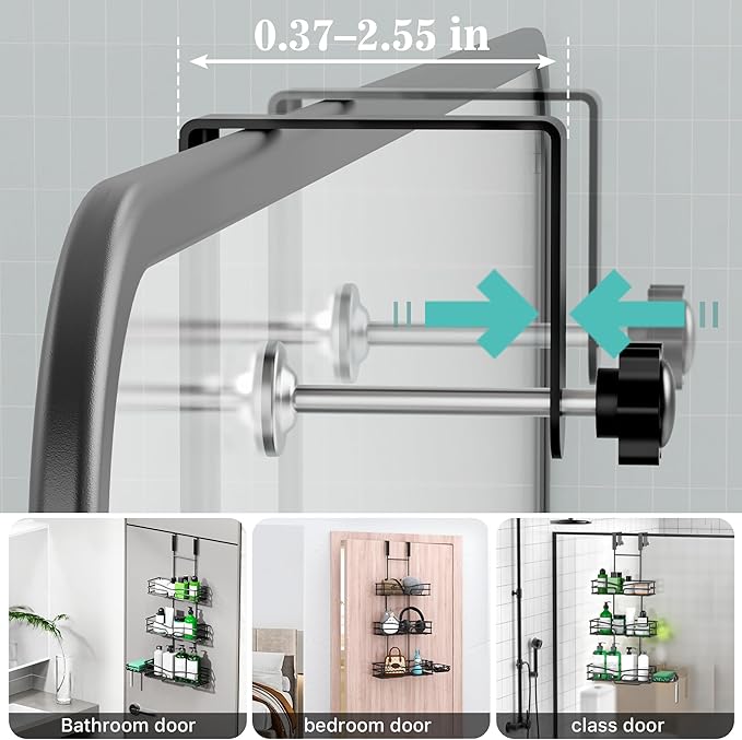 Over the Door Shower Caddy Hanging, 3 Tier Adjustable Shower Organizer with Soap Holder, Rustproof Bathroom Shelves Hanging on the Bathroom Glass Door, Matte Black