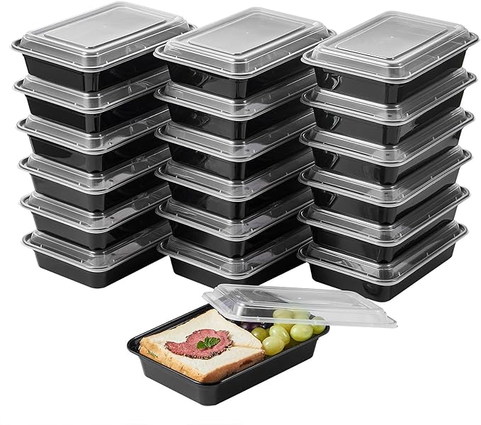 Jaluxing 50 Pack Meal Prep Plastic Food Storage Containers With Lids 28 oz 1 Compartment Black Rectangular To Go Lunch Prepping Boxes BPA-Free Microwavable Freezer Safe Stackable (Formerly FULING)