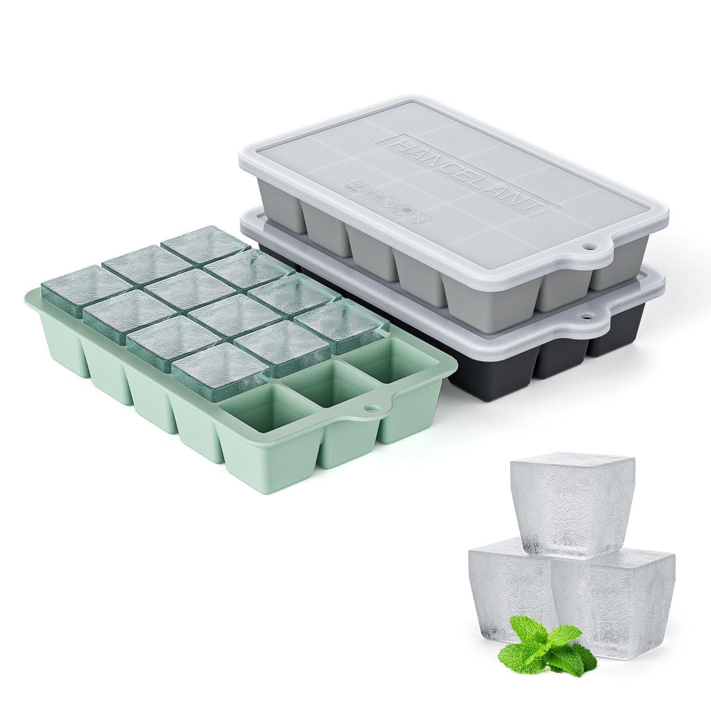 Silicone Ice Cube Tray 2 Pack, HANCELANT Ice Cube Mold, Ice Trays for Freezer with Lid for Whiskey, Cocktail, Drinks and Food, Freezer, BPA Free, Easy Release