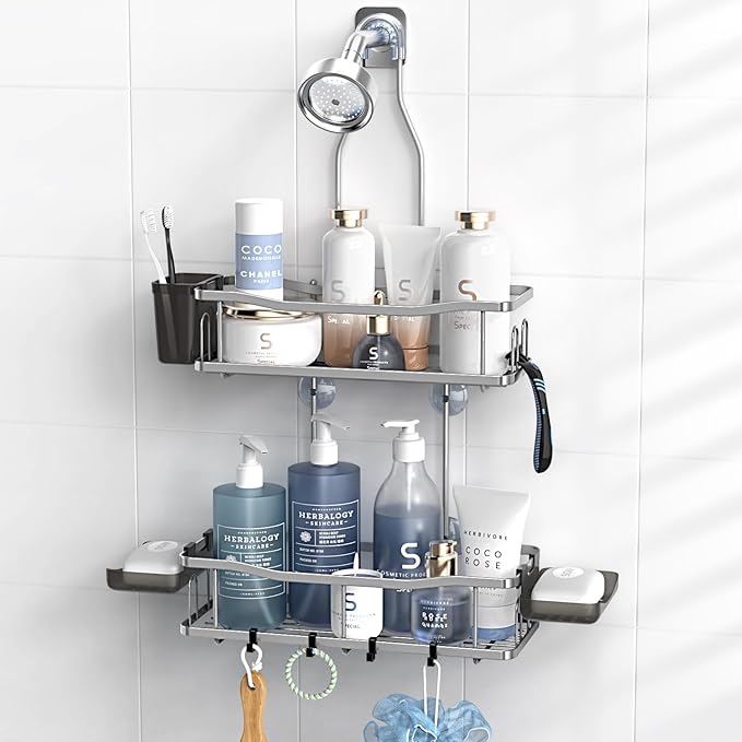 Hanging Shower Caddy Bathroom Organizer: Rustproof Shower Shelf Racks Over Shower Head - No Drilling Inside Bath Shower Rack Shelves Over Showerhead for Shampoo with Soap Holder Silver