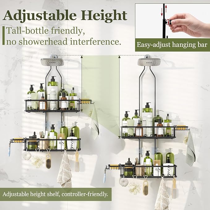 Shower Caddy Hanging: Adjustable Height Organizer for Over Showerhead - Black Rustproof Shower Shelves with Hooks & 2 Soap Holders