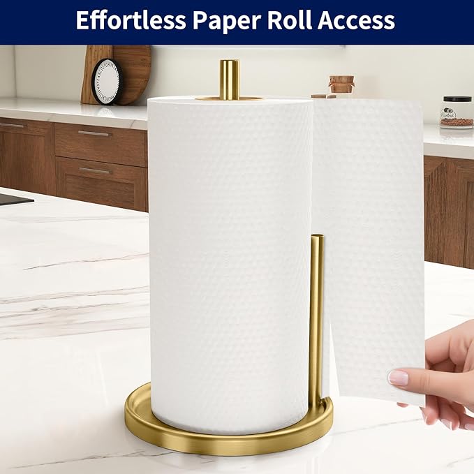 Paper Towel Holder Countertop, Gold Kitchen Paper Towels Holder, Paper Roll Holder with Weighted Base