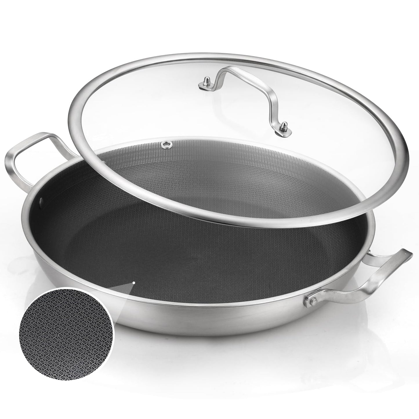 DELARLO 13 Inch Tri-Ply Stainless Steel Paella Pan With Lid, Big Frying Pan, kitchen Induction Large Skillets,Great for Paella Parties Indoors Outdoors,Heavy Duty Style