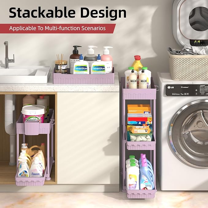 Under Sink Organizer, Bathroom Organizers and Storage, 2 Tier Multi-Use Pull Out Cabinet Organizer with Hang Hooks and Cups (Pink, 4 Pack)