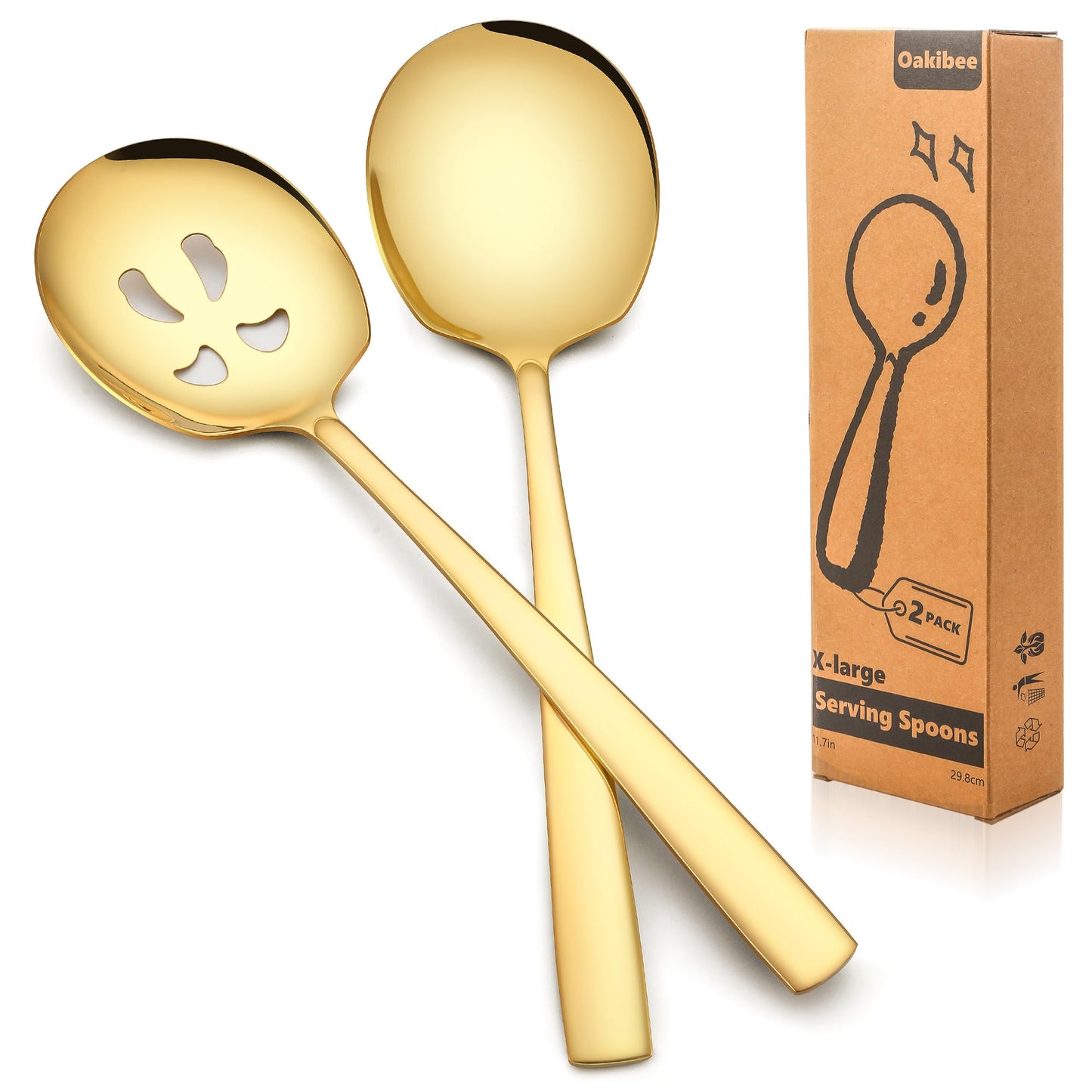 Extra Large Serving Spoons Set of 6-Piece, 11.7-Inch Gold Serving Slotted Spoon x 3 Serving Spoon x 3, Stainless Steel Serving Utensil for Buffet, Parties, Catering - Dishwasher Safe(6-Pack, Gold)