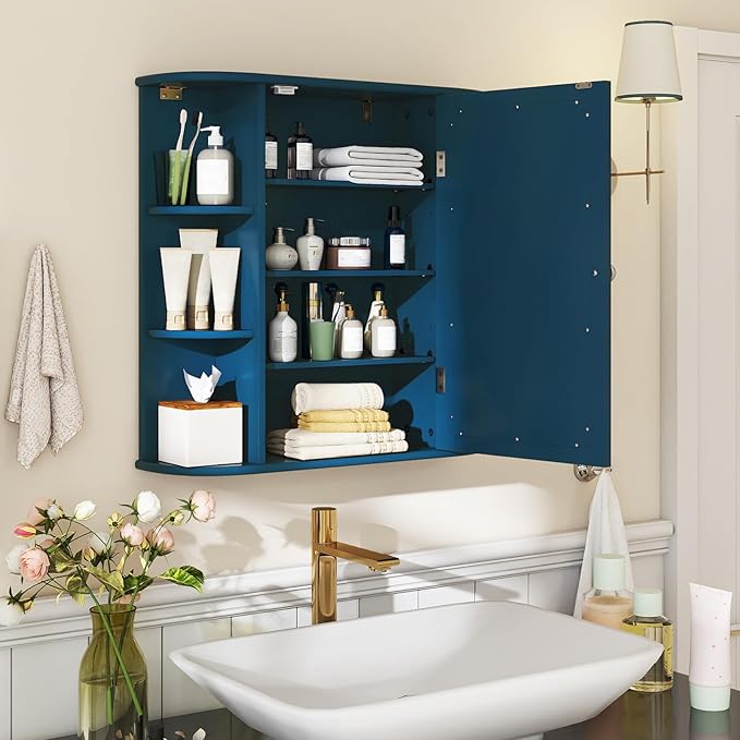 Tangkula Bathroom Medicine Cabinet with Mirror, Wall Mounted Home Storage with Door & 6 Open Shelves, Adjustable Shelves, Mirrored Bathroom Wall Cabinet (Blue)