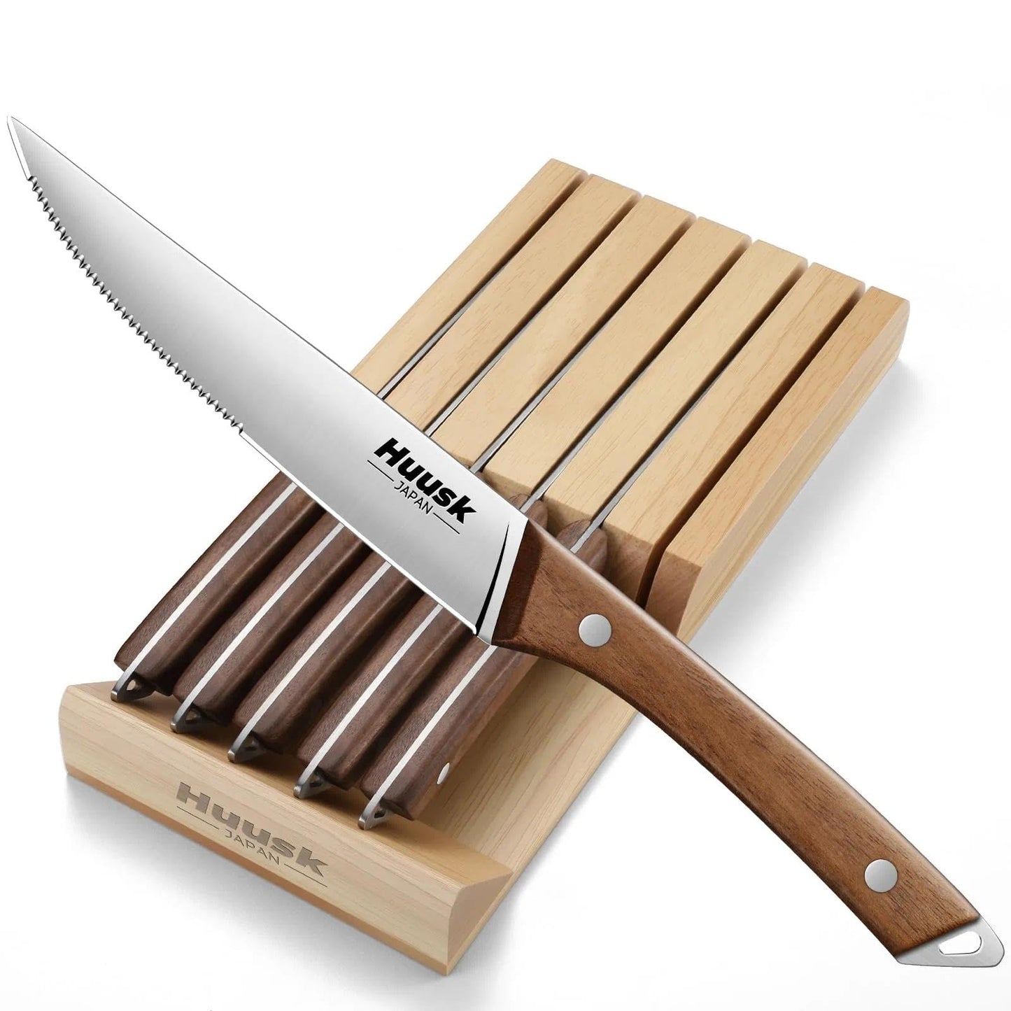 Huusk Steak Knives Set of 8 with Wood Block, Serrated & Straight Dual-Edge