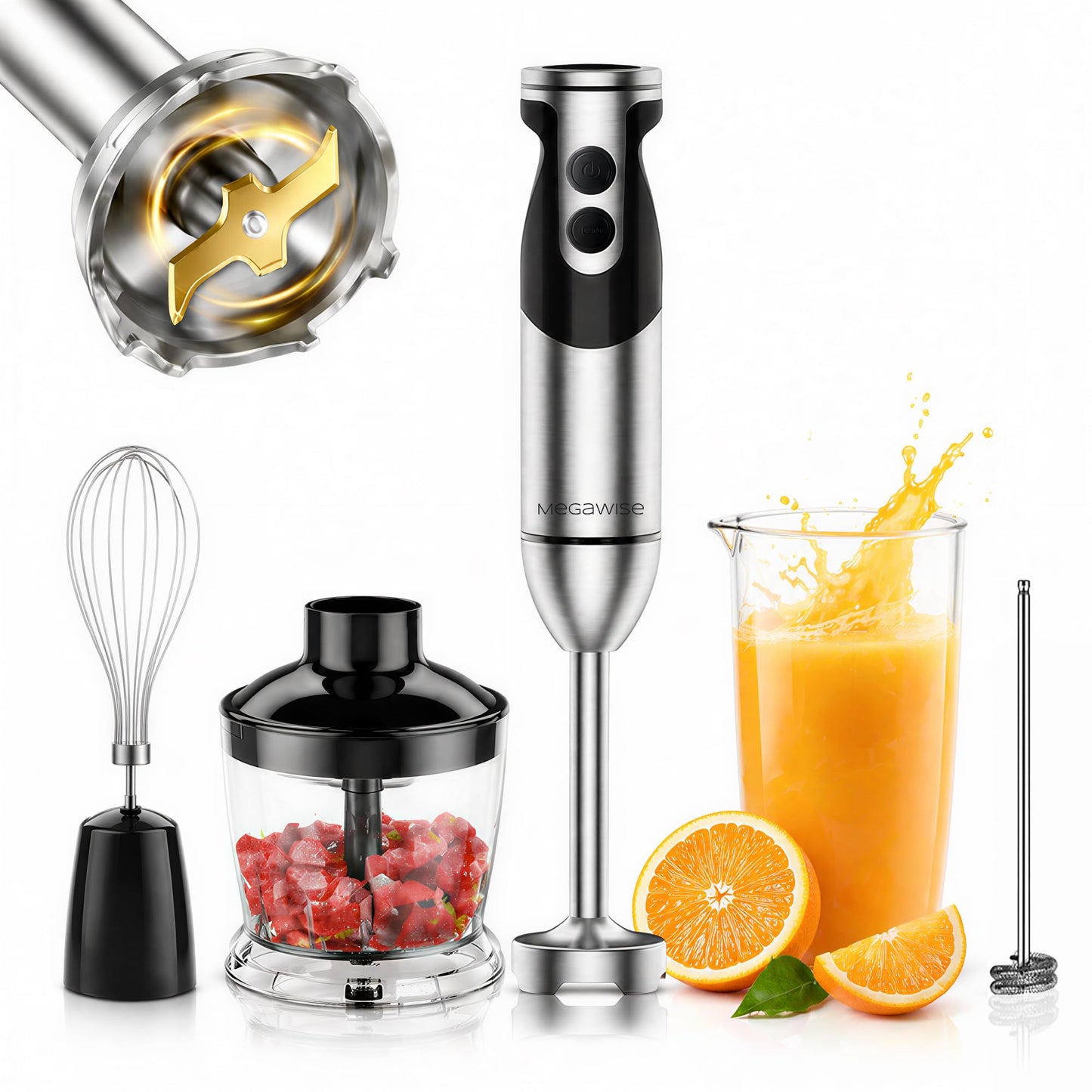 MEGAWISE 5-in-1 Immersion Hand Blender, 400W, Variable Speed, Red