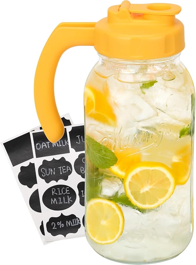 SOLIGT 2 Quart Glass Mason Jar Pitchers with Lids, Navy & Yellow, 2 Pack