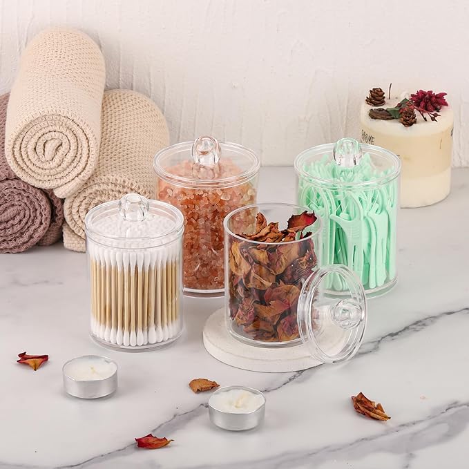 Tbestmax 4 Pack Qtip Holder - Restroom Bathroom Organizers with Clear Plastic Apothecary Jars for Cotton Swab, Round Pads, Floss