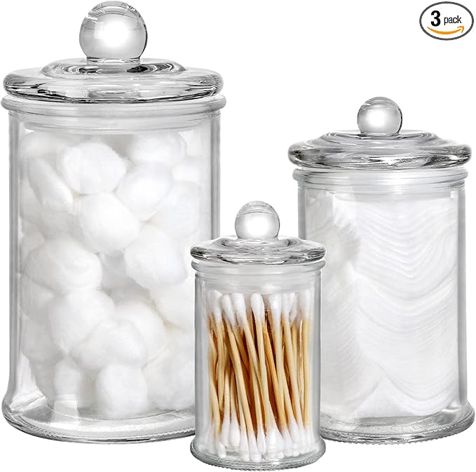 Suwimut Set of 3 Glass Apothecary Jars with Lids, Bathroom Canisters Storage Container Jars, Decorative Small Glass Apothecary Jar for Cotton Swabs, Cotton Balls, Makeup Sponges, Bath Salts
