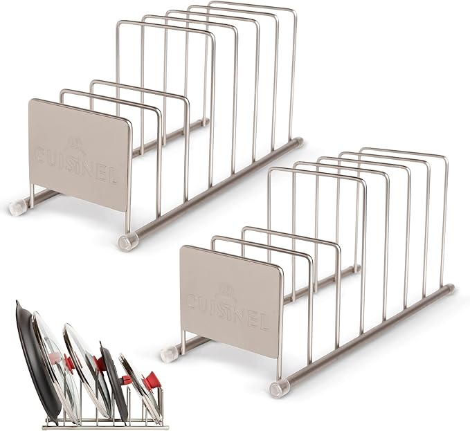 Cuisinel Lid and Dish Organizer Rack - Satin Nickel Silver Kitchen Storage Organization Stand - Plate Holder, Pan/Pot Covers, Cutting Board and Cookie Sheet Divider - 7-Tier Cabinet/Counter Display