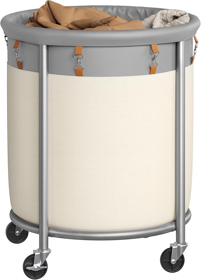 SONGMICS 50.2-Gallon (190 L) Laundry Basket with Wheels, Rolling Round Heavy-Duty Laundry Hamper Cart with Steel Frame and Removable Bag, 2 Locking Wheels, Dove Gray and Cream White URLS001GD02