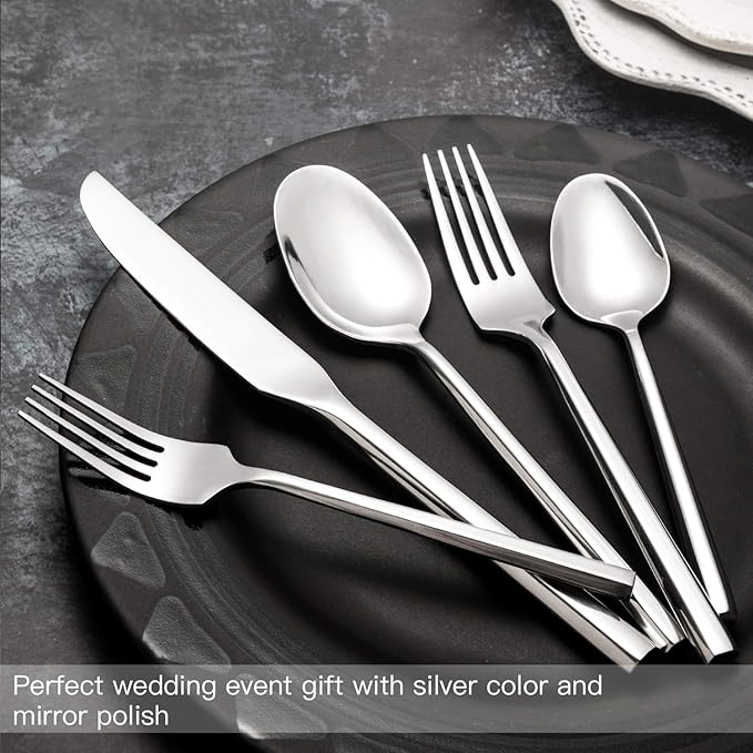 Kelenfer Hand Forged Stainless Steel Flatware Set Silverware Set Cutlery Set Hexagon Handle 5 Pieces Service for 1