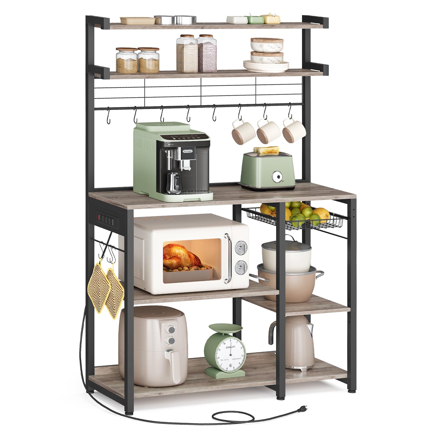 VASAGLE Baker's Rack, 35.4 Inches Microwave Stand with Wire Basket, 8 Hooks