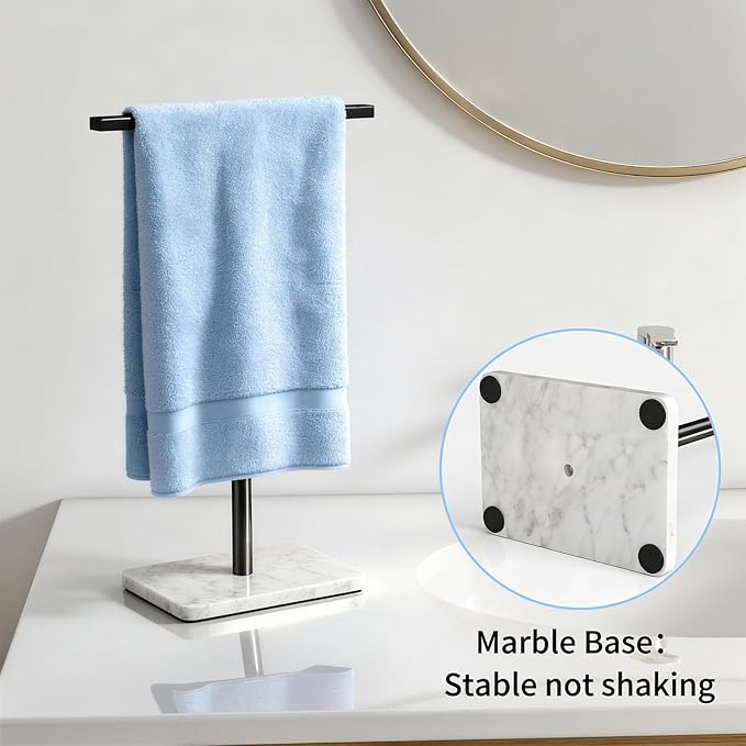 Hand Towel Holder Stand, Matte Black Hand Towel Rack for Bathroom, T-Shape Towel Holder Stainless Steel for Kitchen Vanity Countertop, Marble Base Adjustable 9.06"-17.68"