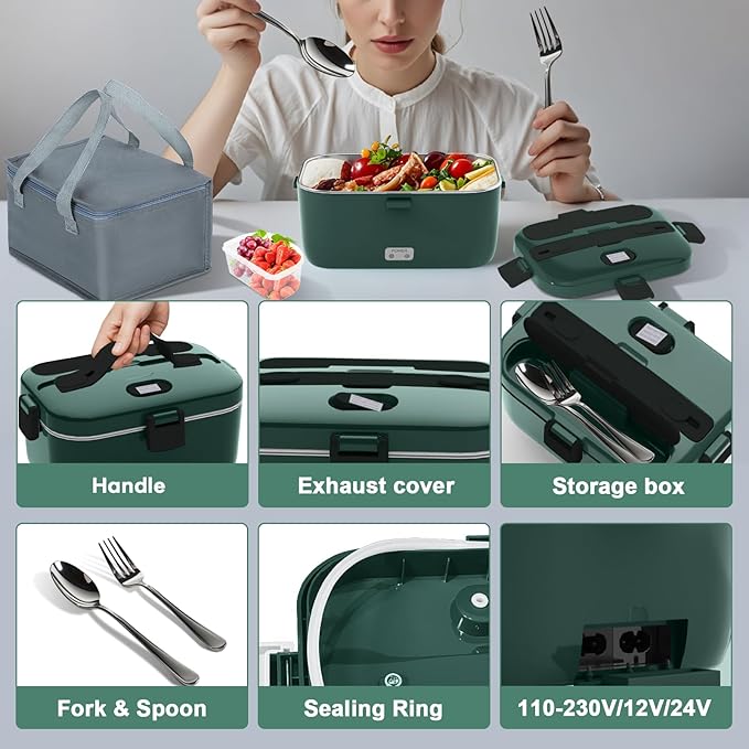 DUPASU Electric Lunch Box Food Warmer: 100W Heated Lunch Box for Adults, 1.8L Portable Fast Heating Lunchbox Food Heater for Car, Truck, Work, Travel, Lonchera Elctrica 12/24V/110-230V