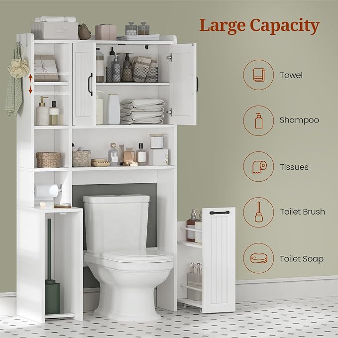 Over The Toilet Storage Cabinet with Pulley Small Bathroom Storage Cabinet, Space Saver W/Adjustable Shelf & Open Shelf for Bathroom, Restroom, Laundry (White-Type A)
