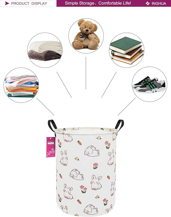 Laundry Hamper Large Canvas Fabric Lightweight Storage Basket/Toy Organizer/Dirty Clothes Collapsible Waterproof for College Dorms, Boys and Girls Bedroom,Bathroom(rabbit)