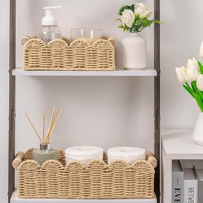CubesLand Bathroom Basket Organizer, Toilet Tank Paper Storage Baskets 2-Pack, Scalloped Decorative Basket for Countertop w/Handle, Wicker Basket for Bathroom Decor, Home Decor, Living Room, Beige