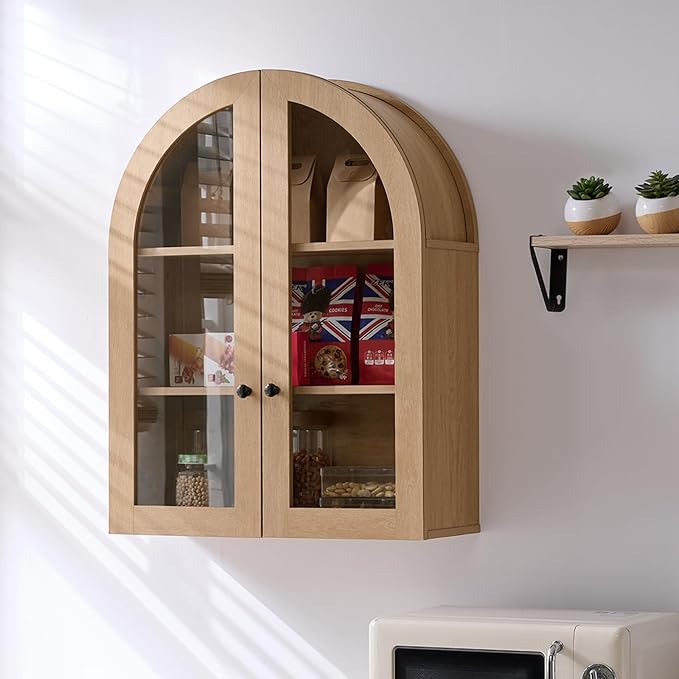 Bathroom Arched Wall Cabinet Over The Toilet Storage Cabinet, 23.5×31.4 Inch bathroom cabinet wall mount with Glass Doors & Adjustable Shelves, Wood Cabinet for Laundry Room, Bedroom Kitchen，Natural